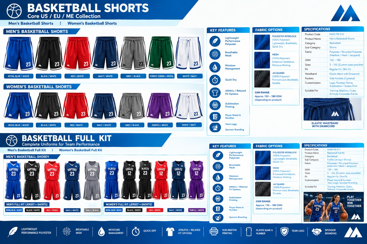 MAIS Apparel basketball shorts and full kit product sheet for men and women with colors and specifications