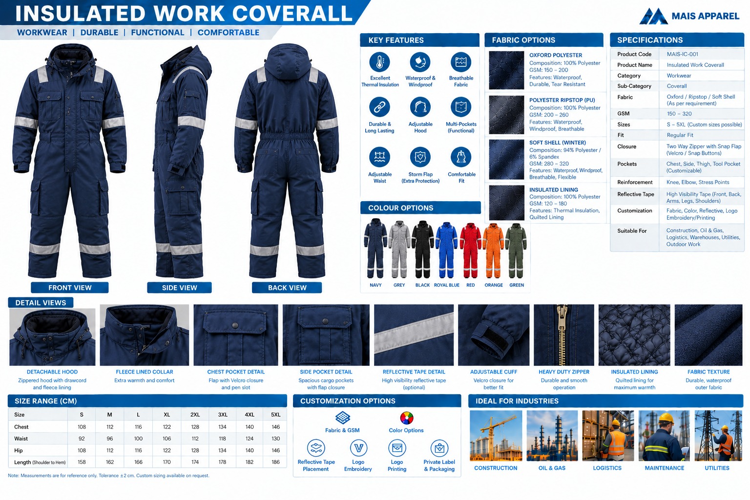 MAIS Apparel insulated work coverall product sheet with features, fabrics, sizes and specifications